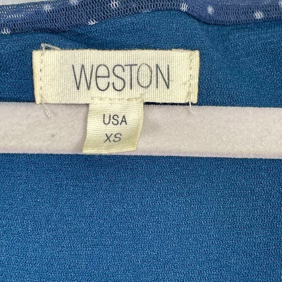 Anthropologie Weston Chiffon Midi Dress XS | Blue Polka Dot Cap Sleeve Fit Flare - Picture 5 of 15